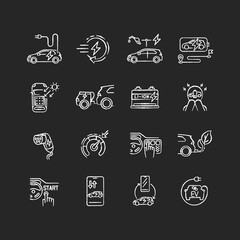 Electric car chalk white icons set on black background. Environmentally safe automobile, alternative transport. Modern technology, electric motor vehicles. Isolated vector chalkboard illustrations