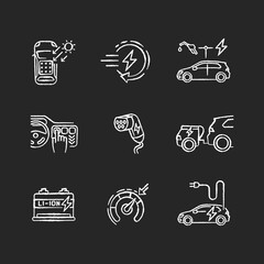 Electric vehicle chalk white icons set on black background. Modern eco clean transportation. Hybrid, fully electric and solar cars benefits for environment. Isolated vector chalkboard illustrations