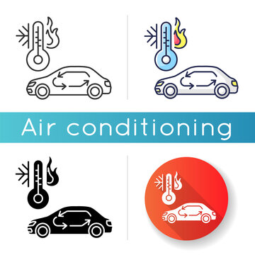 Car Air Conditioning Icon. Linear Black And RGB Color Styles. Vehicle Interior Ventilation, Transport Heating And Cooling System. Automobile With Air Circulation Isolated Vector Illustrations