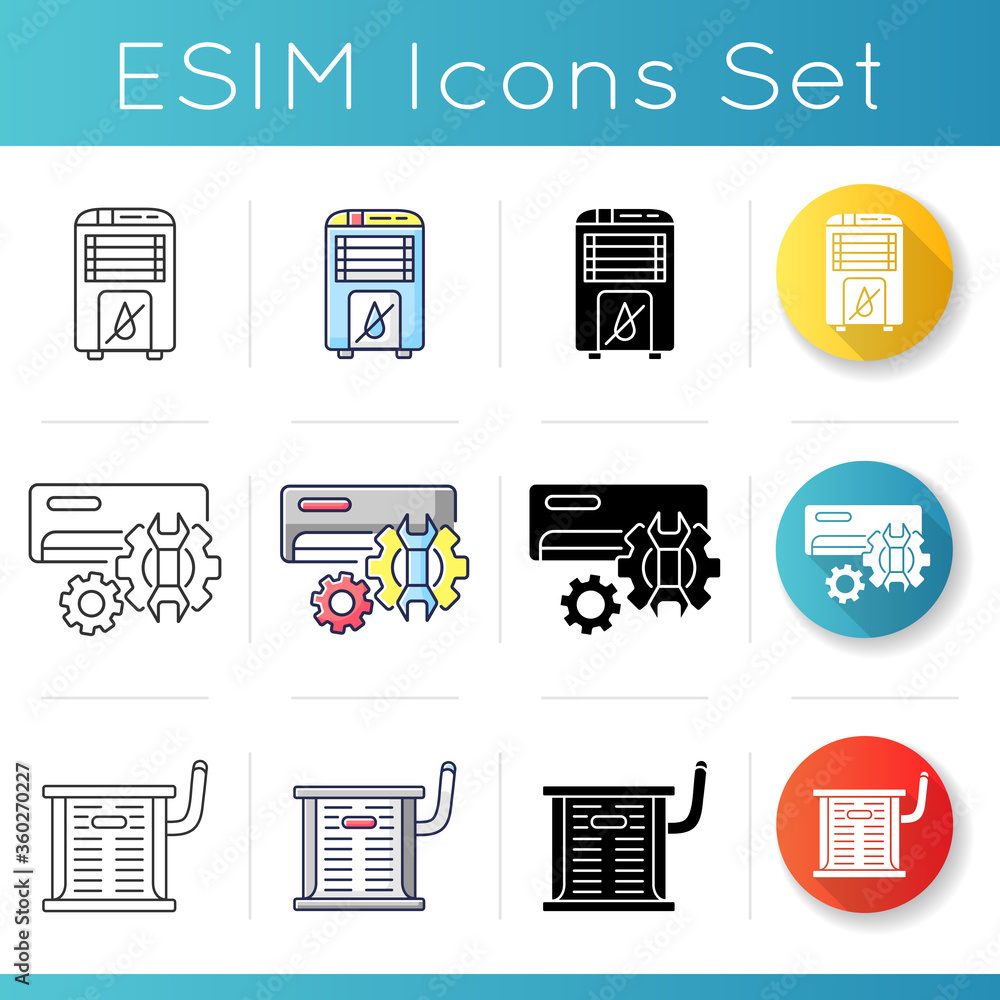 Poster conditioning systems icons set. linear, black and rgb color styles. household dehumidifier, professi