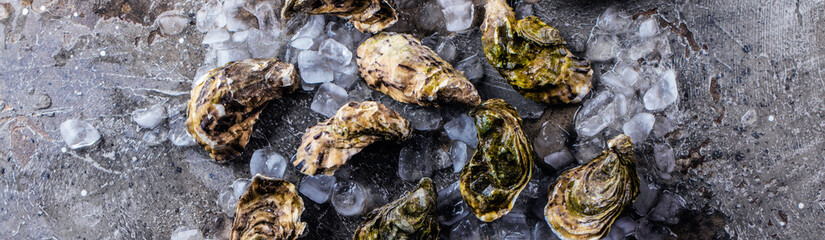 top view of delicious oysters on ice cubes and wine glass