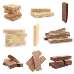 Set of different delicious crispy wafers on white background. Sweet food