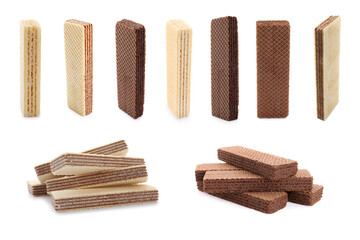 Set of different delicious crispy wafers on white background. Sweet food