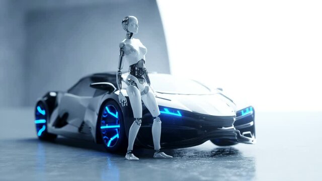 Futuristic humanoid female robot and sci fi car. Realistic motion and reflections. Concept of future. 4K footage.