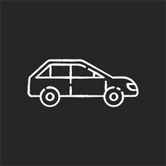 Car side view chalk white icon on black background. Automotive vehicle. Modern transportation. Drive in sedan. Taxi for urban trip. Delivery service. Isolated vector chalkboard illustration