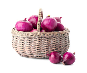 Basket full of onion bulbs isolated on white