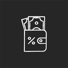 Purse with money chalk white icon on black background. Credit interest rate. Savings to pay percentage of loan. Banking services. Wallet with currency. Isolated vector chalkboard illustration
