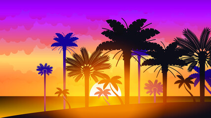 Abstract Ocean Sea Background Vector With Palm Trees And Sun