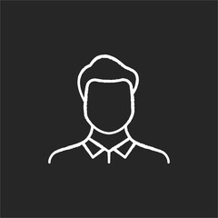 Male avatar chalk white icon on black background. Human resources for job. Employee for company career. Corporate businessman. Manager in suit. Person head. Isolated vector chalkboard illustration