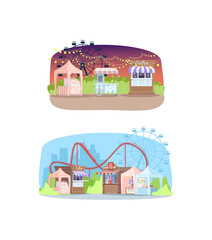 Obraz premium Shopping stalls in amusement park semi flat vector illustrations set. Street fair entertainment, retail kiosks and attractions. Summer festival 2D cartoon backgrounds pack for commercial use