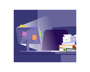 Workplace at night semi flat vector illustration. Unorganized employee workspace 2D cartoon interior for commercial use. Business problem, skipped deadline. Working late, extra hours, overtime