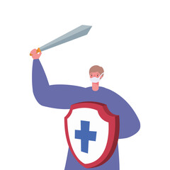 Man with mask sword and shield with cross design of Fight covid 19 virus and stop spread theme Vector illustration