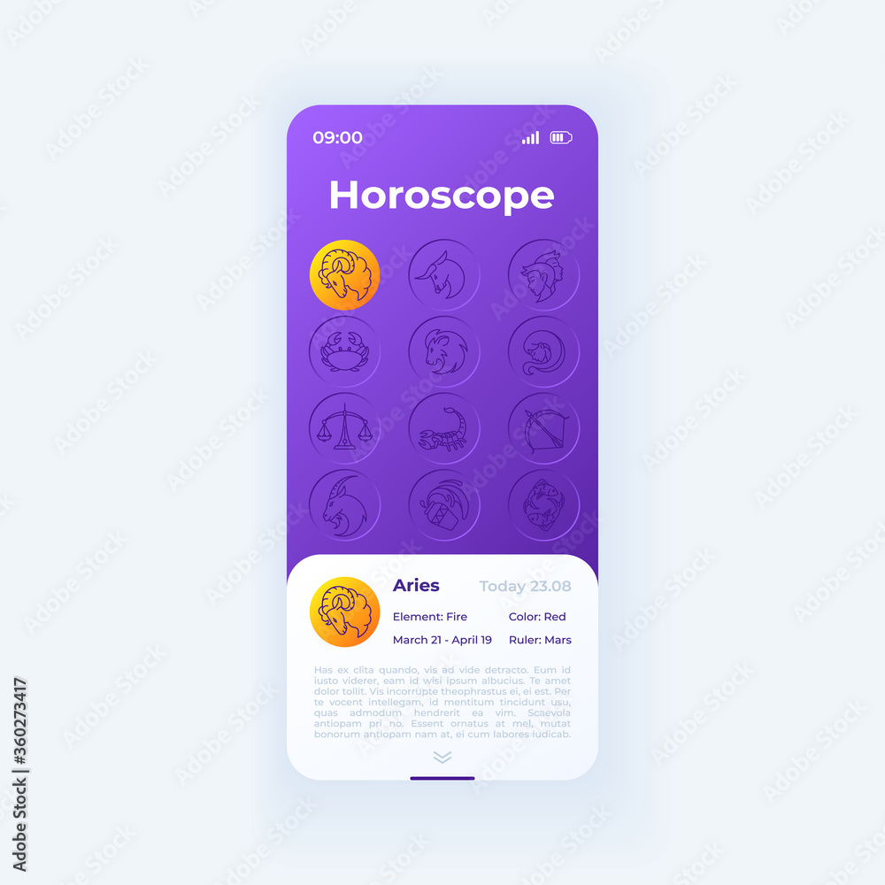 Wall mural daily horoscope app smartphone interface vector template. mobile app page day mode design layout. ta
