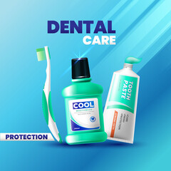 Fresh toothpaste, mouthwash and toothbrush advertisement realistic style