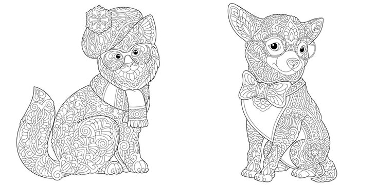 Coloring pages with cat and dog