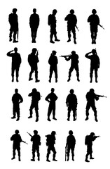 Collage with silhouettes of soldiers on white background. Military service