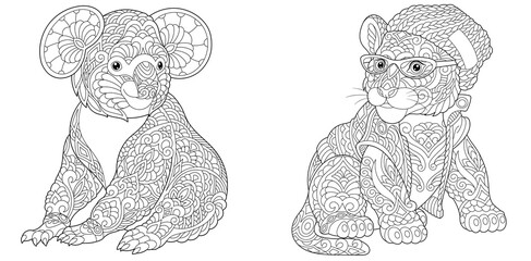 Coloring pages with koala bear and tiger
