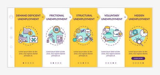 Unemployment types onboarding vector template. Labor market crisis, employment issues, joblessness problem. Responsive mobile website with icons. Webpage walkthrough step screens. RGB color concept