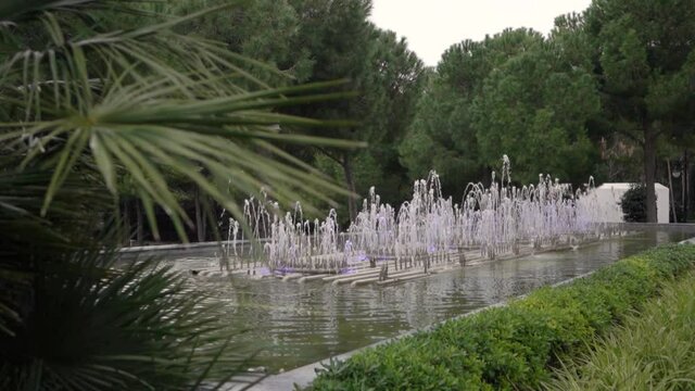 Decorative fountain with flowing water in a beautiful park . Green trees grow in the background. Landscape design.