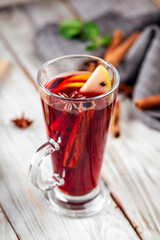 Warm cozy mulled wine glhwein with cinnamon apples