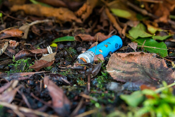 An old battery lying on the forest floor