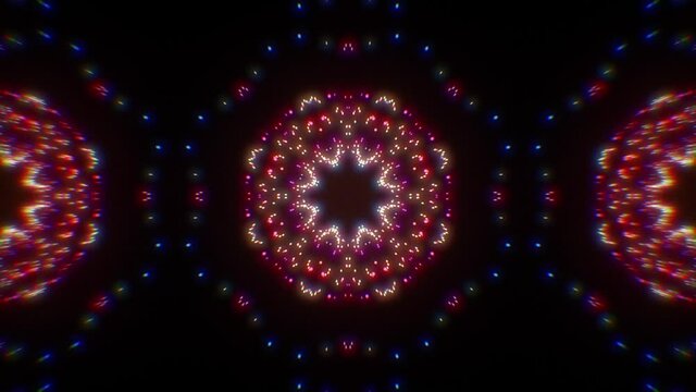 Neon glowing retro 80s mandala seamless loop. Colorful audio reacting particles. Audio beat react sound equalizer. Pulsing flickering background. 120 bpm audio reactive. For event, concert, stage, VJs