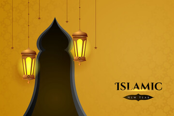 Islamic new year background with realistic arabic lanterns