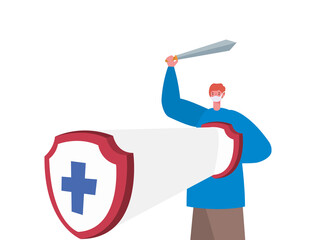 Man with mask sword and shield with cross design of Fight covid 19 virus and stop spread theme Vector illustration