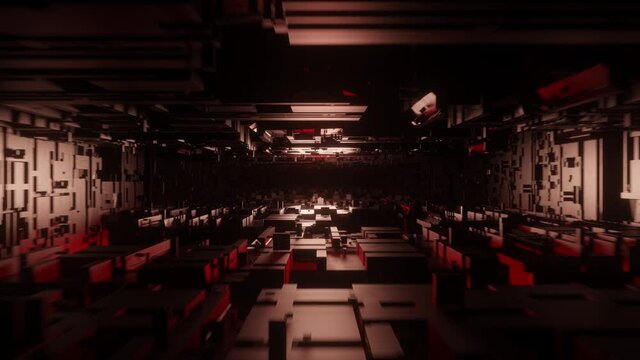 Dark futuristic cybernetic tunnel. looping animation. Strange abstract computer server farm. Space station inner core. Unknown underground subway. Mysterious journey.