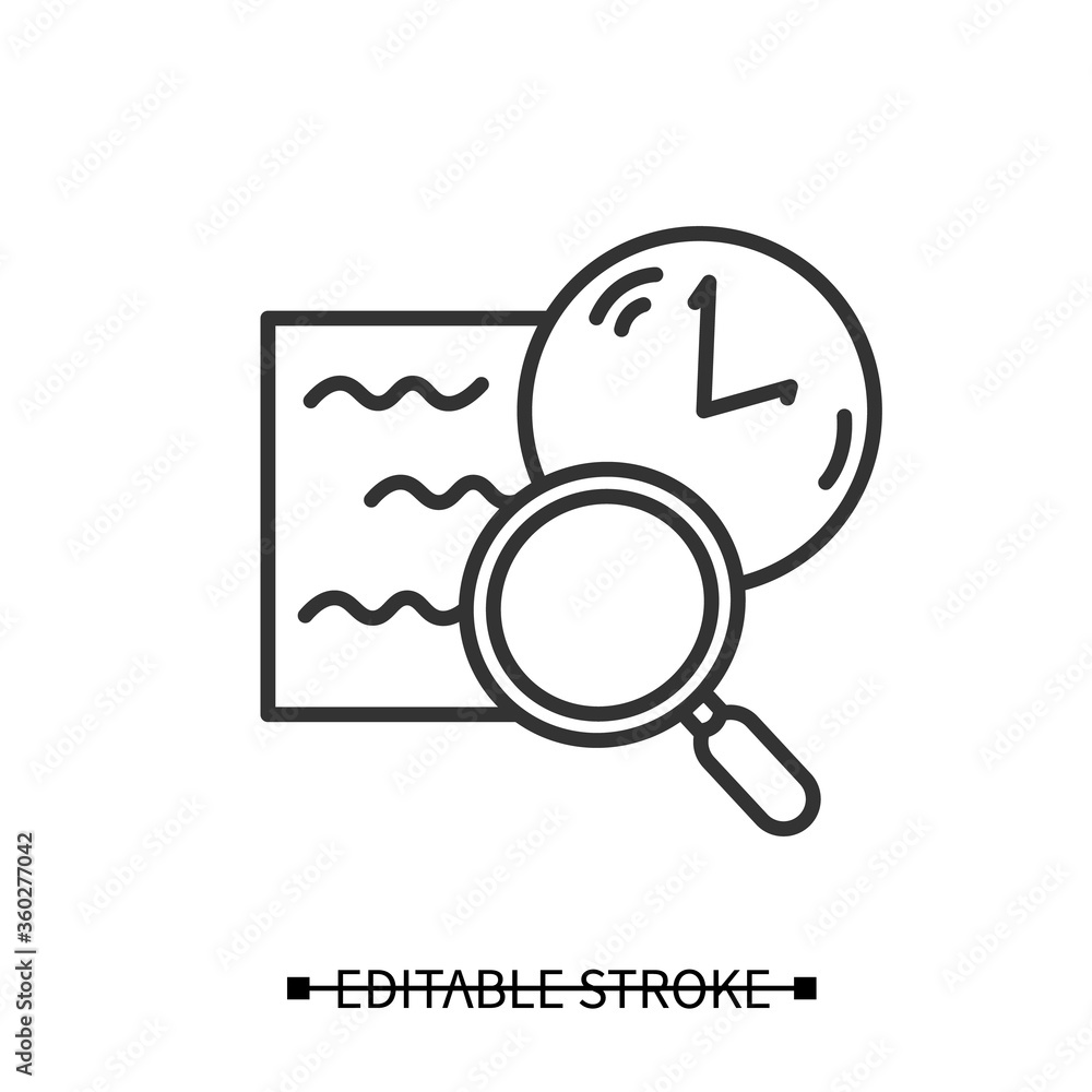 Poster comprehension icon. slow reading with magnifier and clock linear pictogram. concept of attention tra