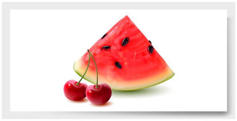 3d Vector Watermelon and Cherry. Sliced of Watermelon Isolated on White background. Vector illustration.