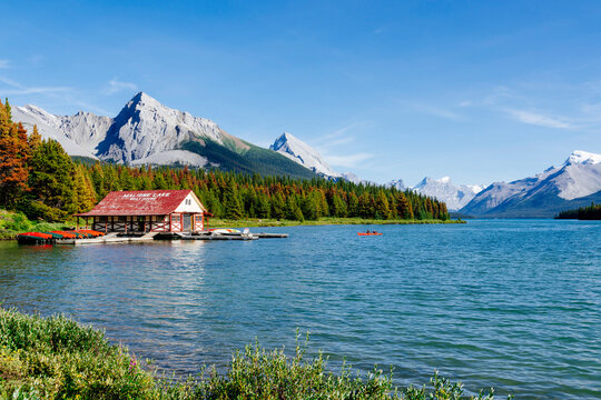 Maligne Lake Boat House with canoa and blue sky, Jasper National Park, Alberta, Canada