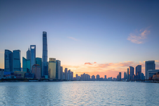 Skyline of Pudong at sunrise, Shanghai, China