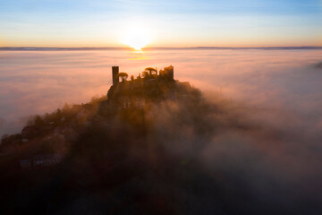 An aerial view of the hilltop village of Turenne at sunrise, Correze, Limousin, Nouvelle-Aquitaine, France