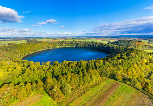 Aerial view on Pulvermaar, Gillenfeld, Eifel, Rhineland-Palatinate, Germany