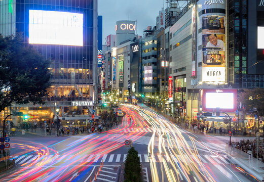 Tokyo, Japan - Nov 08 2017 : Rush hour crowded traffic jam of light vehicle at Shibuya crossing