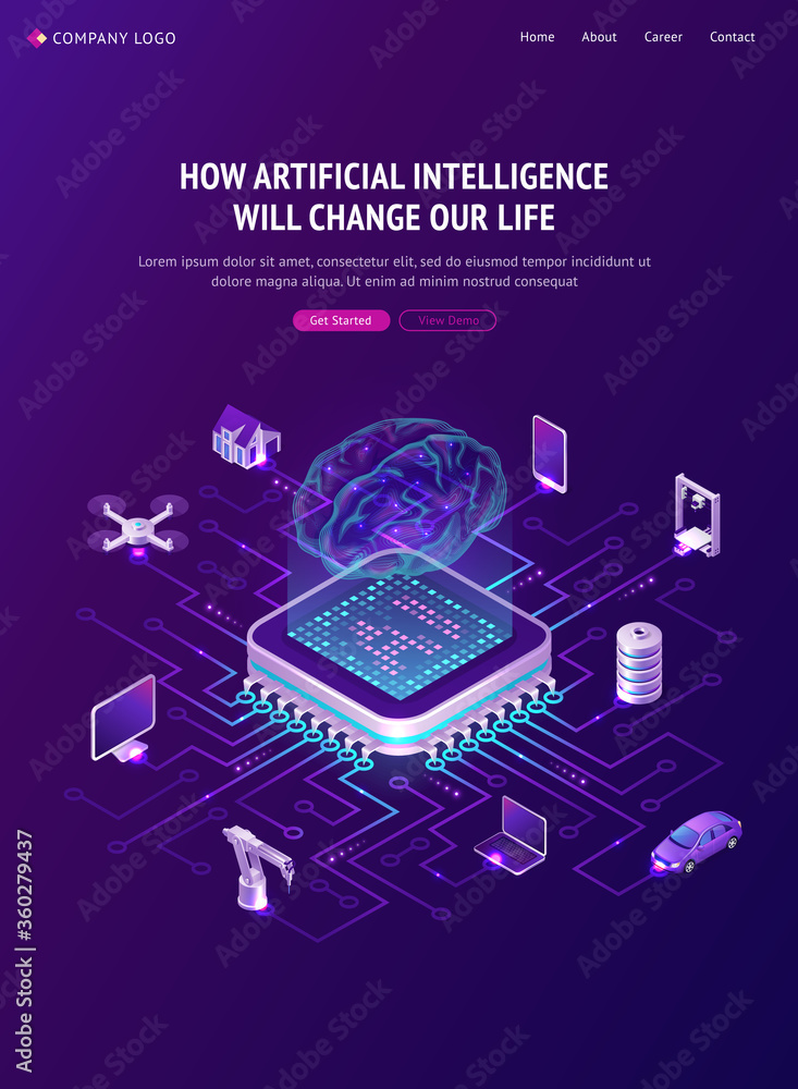 Poster artificial intelligence banner. concept of innovation technologies in life. vector isometric illustr