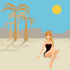 
elegant woman sitting on the sand, relaxing on vacation, palm tree background