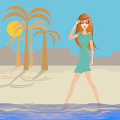 Obraz na płótnie Canvas woman walks on the beach, feet in the water, landscape and palm tree background