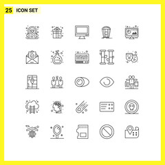 Modern Set of 25 Lines Pictograph of snack, theater, play, popcorn, imac