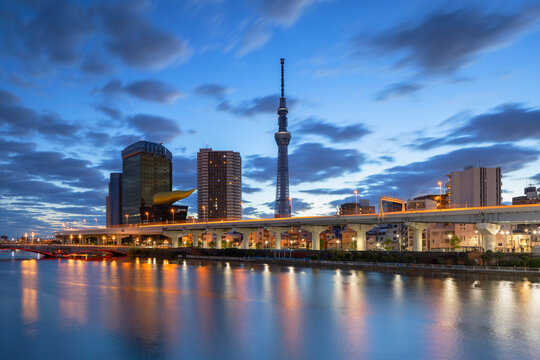 Tokyo Skytree and Sumida River at dawn, Tokyo, Japan