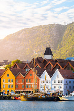 Bergen, Hordaland, Norway. Wooden houses of Bryggen, UNESCO site, former counter of the Hanseatic League.