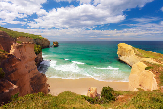 Elevated view of Tunnel Beach near Dunedin, Otago, New Zealand
