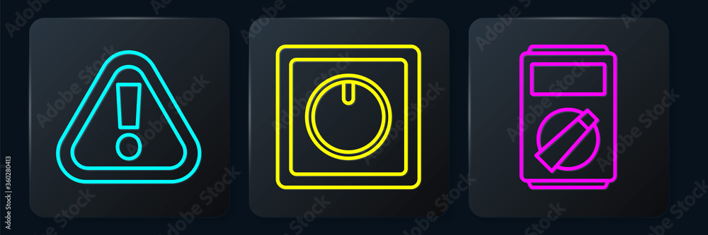 Poster set line exclamation mark in triangle, multimeter and electric light switch. black square button. ve