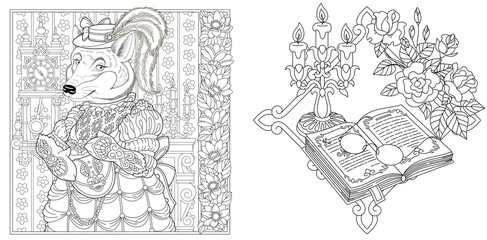 Fototapeta premium Coloring pages with wolf or fox