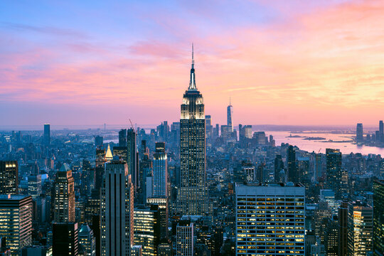 Midtown Manhattan, New York City, USA. High angle view of Empire State Building and Midtown skyline at dusk.