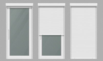 Glass door with rolling shutter isolated on transparent background. Vector realistic set of closed and open roller up for door or window, white metal blind for office or store entrance