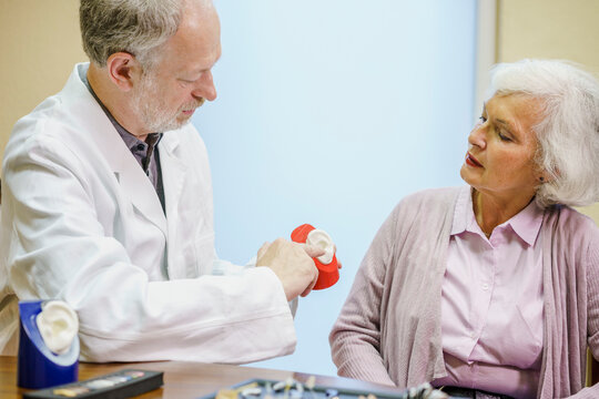 Doctor holding anatomical model while explaining to senior woman at clinic