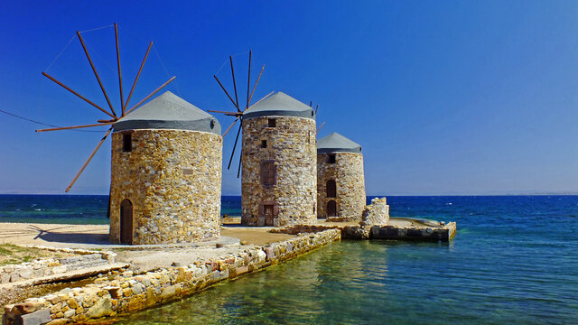 Old windmills at greek island of Chios