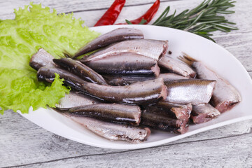 Anchovy fish snack in the bowl